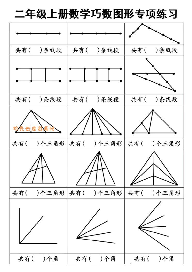 二上数学巧数图形专项练习+角的初步认识（10页）-口袋盘资源站-网盘资源