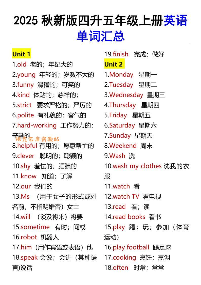 【2025秋新版】四升五年级上册英语单词汇总-口袋盘资源站-网盘资源