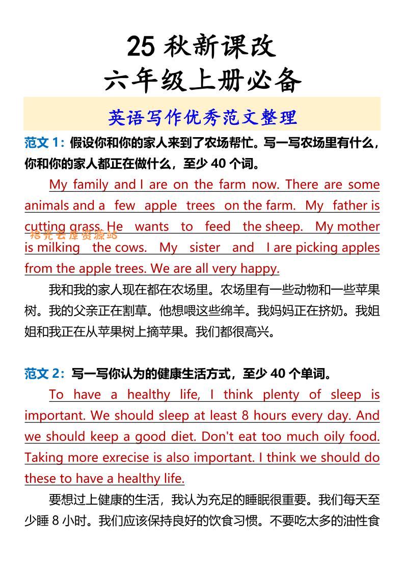 【2025秋新版】六年级上册必备英语写作优秀范文整理-口袋盘资源站-网盘资源
