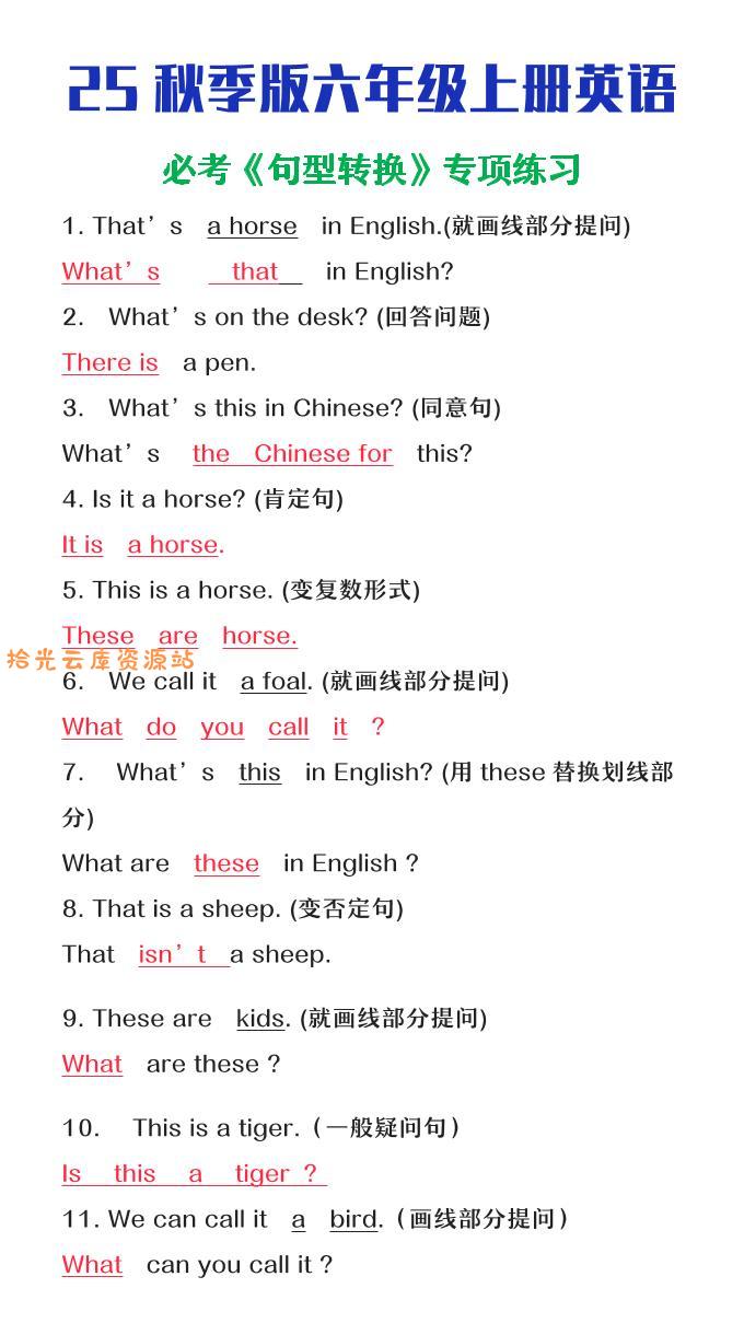 【2025秋新版】六年级上册英语必考句型转换-口袋盘资源站-网盘资源