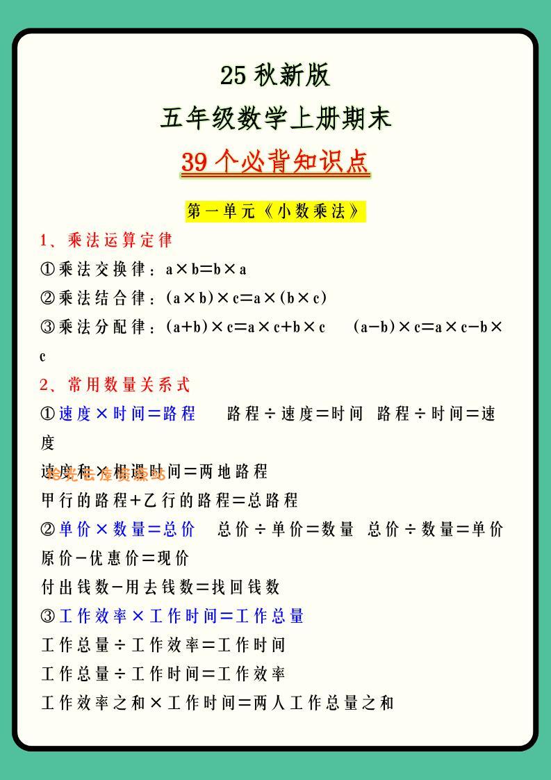 【2025秋新版】五年级数学上册期末39个必背知识点-口袋盘资源站-网盘资源