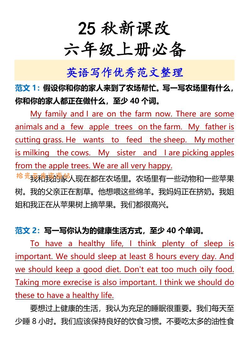 【2025秋新版】六年级上册必备英语写作优秀范文整理-口袋盘资源站-网盘资源