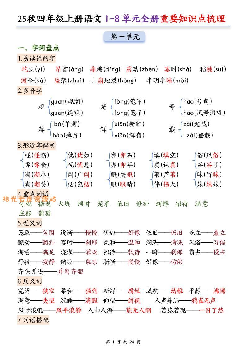 25秋四上语文1-8单元全册重要知识点梳理(24页)-口袋盘资源站-网盘资源