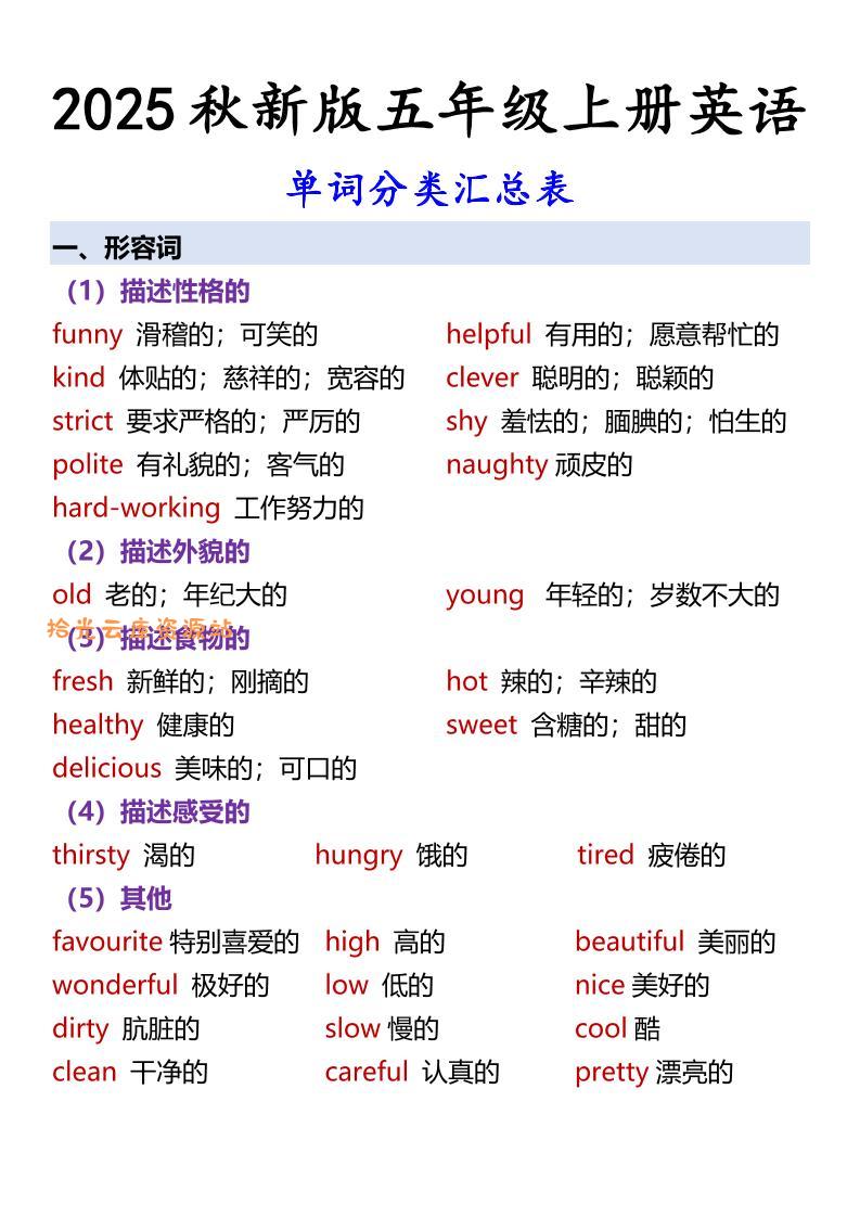【2025秋新版】五年级上册英语单词分类汇总表-口袋盘资源站-网盘资源