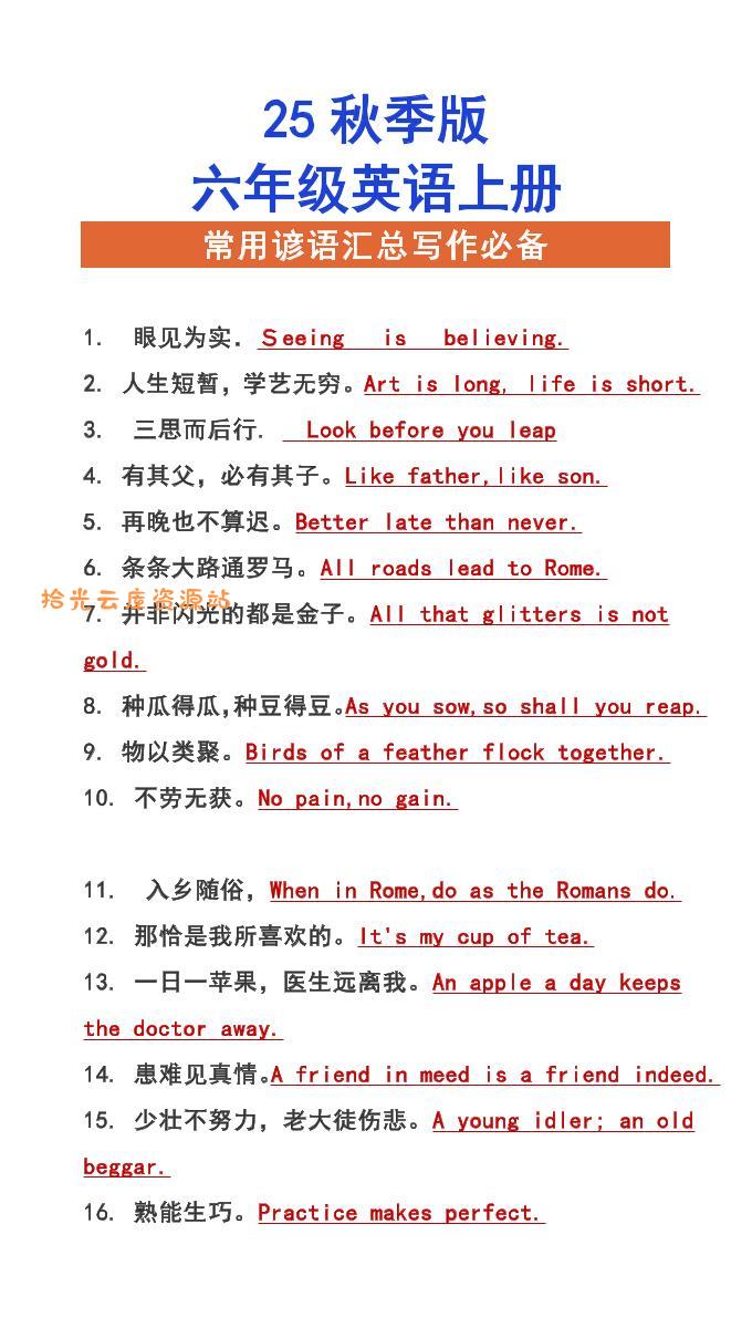 【2025秋新版】六年级上册英语常用谚语汇总写作必备-口袋盘资源站-网盘资源