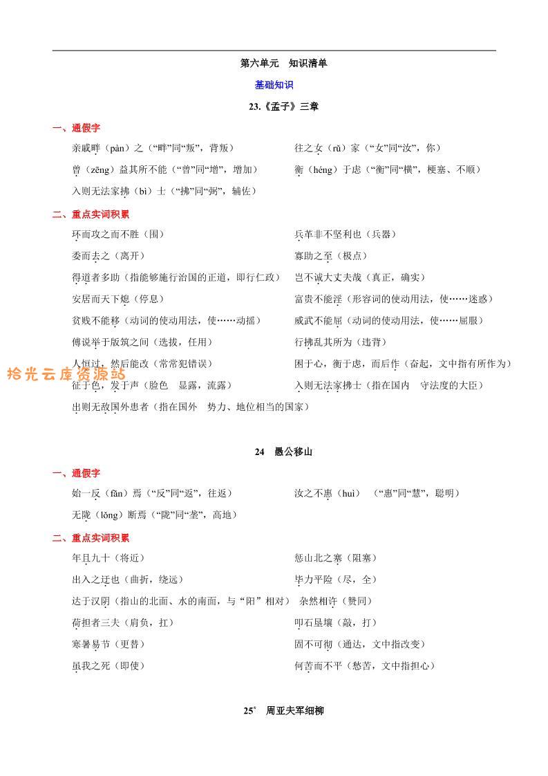 八年级上语文第六单元知识清单-口袋盘资源站-网盘资源