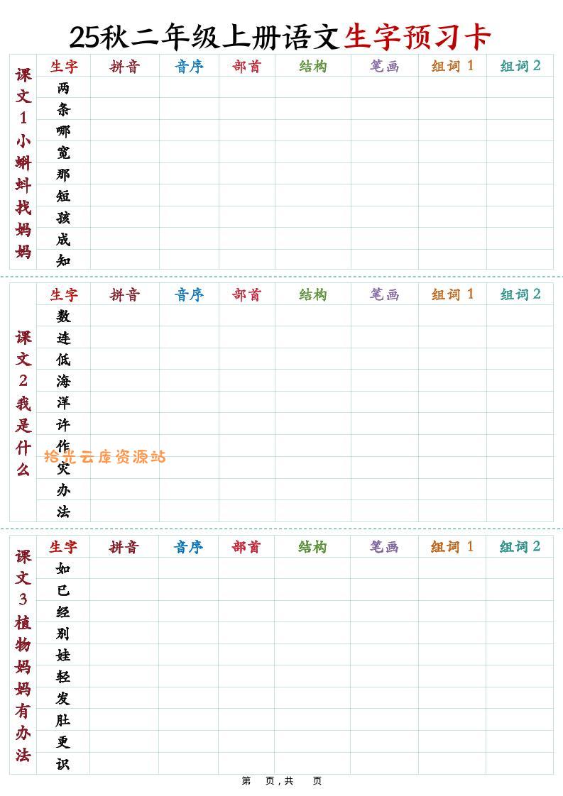 25秋新二上语文生字预习卡（11页）-口袋盘资源站-网盘资源
