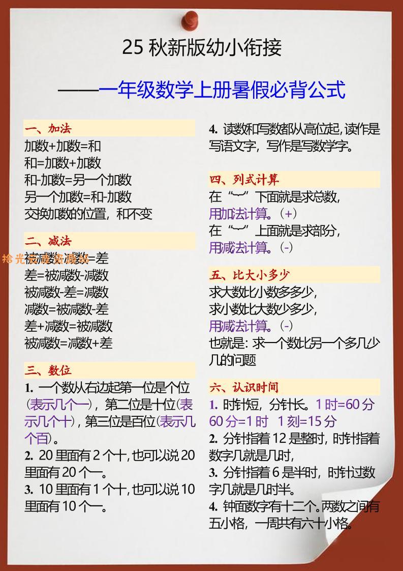 【2025秋新版】幼小衔接一年级数学上册暑假必背公式-口袋盘资源站-网盘资源