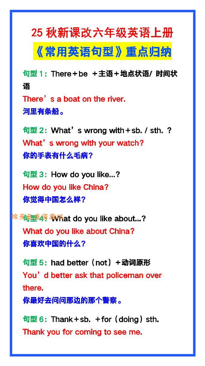 【2025秋新版】六年级英语上册《常用英语句型》重点归纳，提分必备!-口袋盘资源站-网盘资源