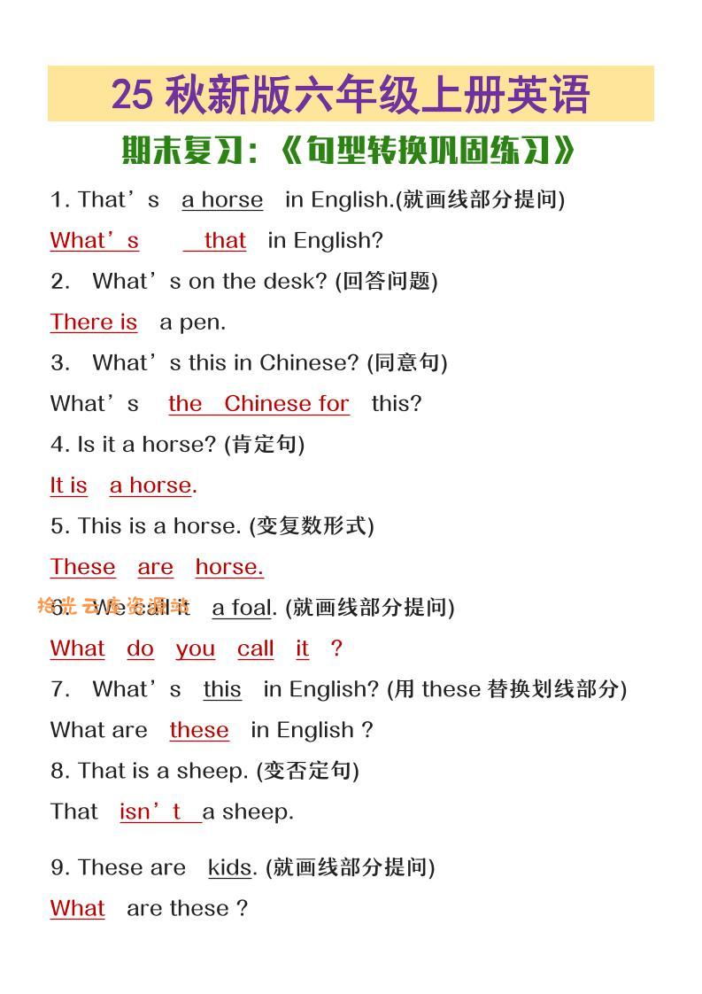 【2025秋新版】六年级上册英语期末复习句型转换巩固练习-口袋盘资源站-网盘资源