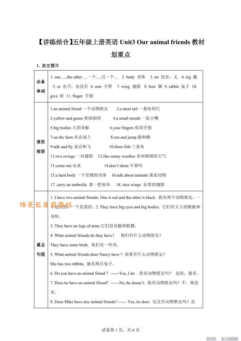 【单元热点难点】译林版（三起）英语五年级上册Unit3Ouranimalfriends教材划重点-口袋盘资源站-网盘资源