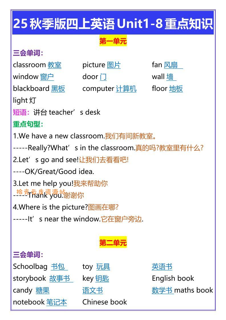 【2025秋新版】四年级上册英语Unit1-8重点知识-口袋盘资源站-网盘资源