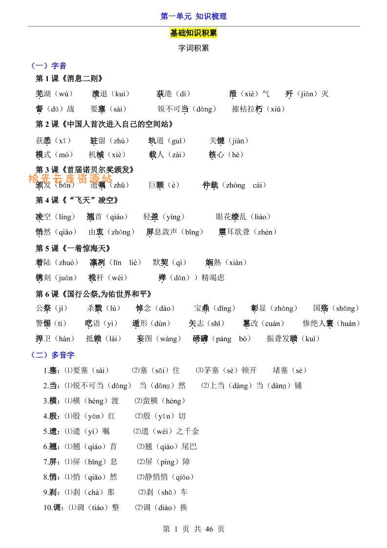 八年级上语文第1单元（知识梳理）-知识点-口袋盘资源站-网盘资源