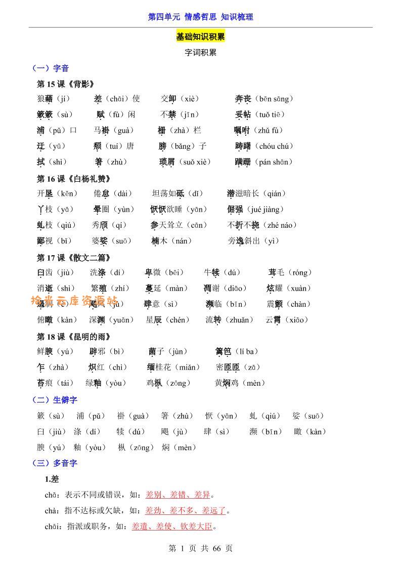 八年级上语文第4单元（知识梳理）-知识点-口袋盘资源站-网盘资源