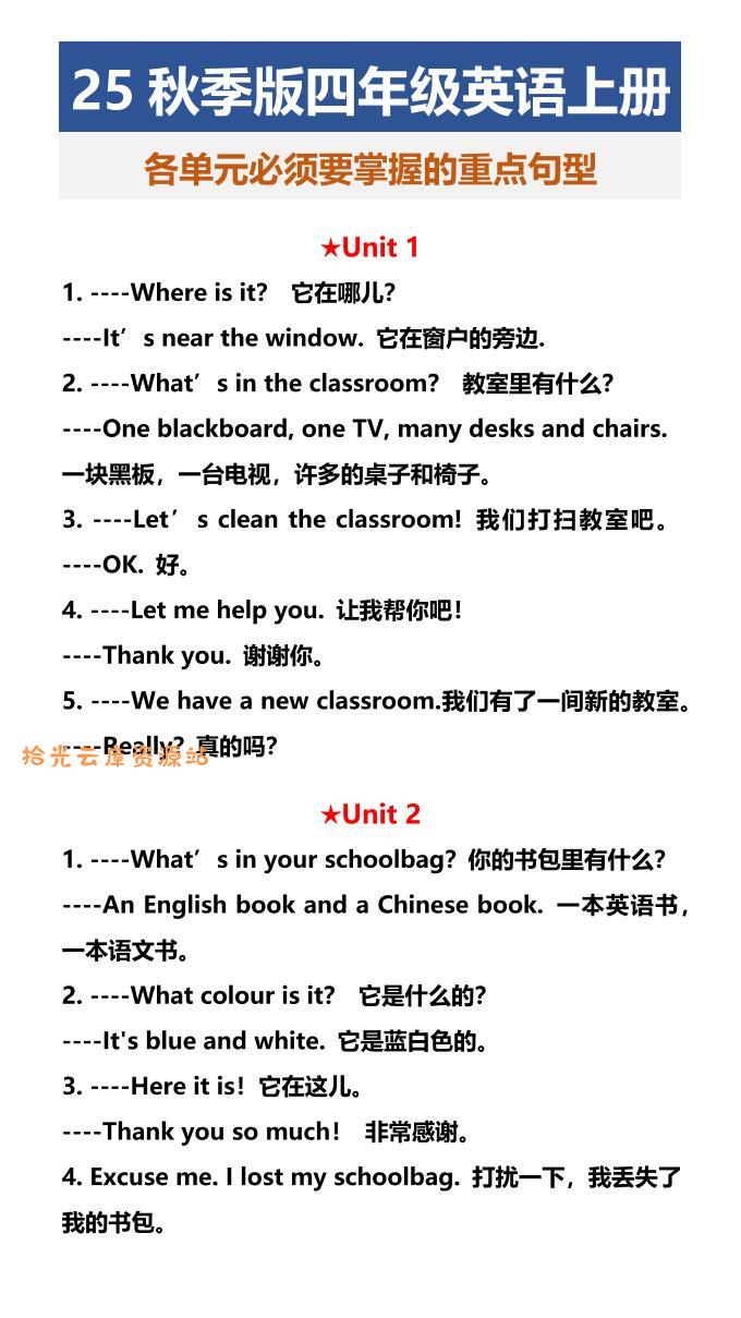 【2025秋新版】四年级英语上册各单元必须要掌握的重点句型-口袋盘资源站-网盘资源