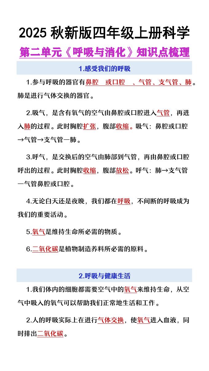 【2025秋新版】四年级上册语文第2单元《呼吸与消化》知识点梳理-口袋盘资源站-网盘资源