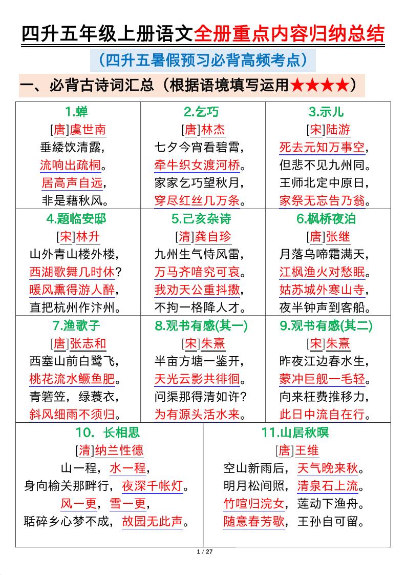 四升五年级上册语文全册重点内容归纳总结输出27页-口袋盘资源站-网盘资源