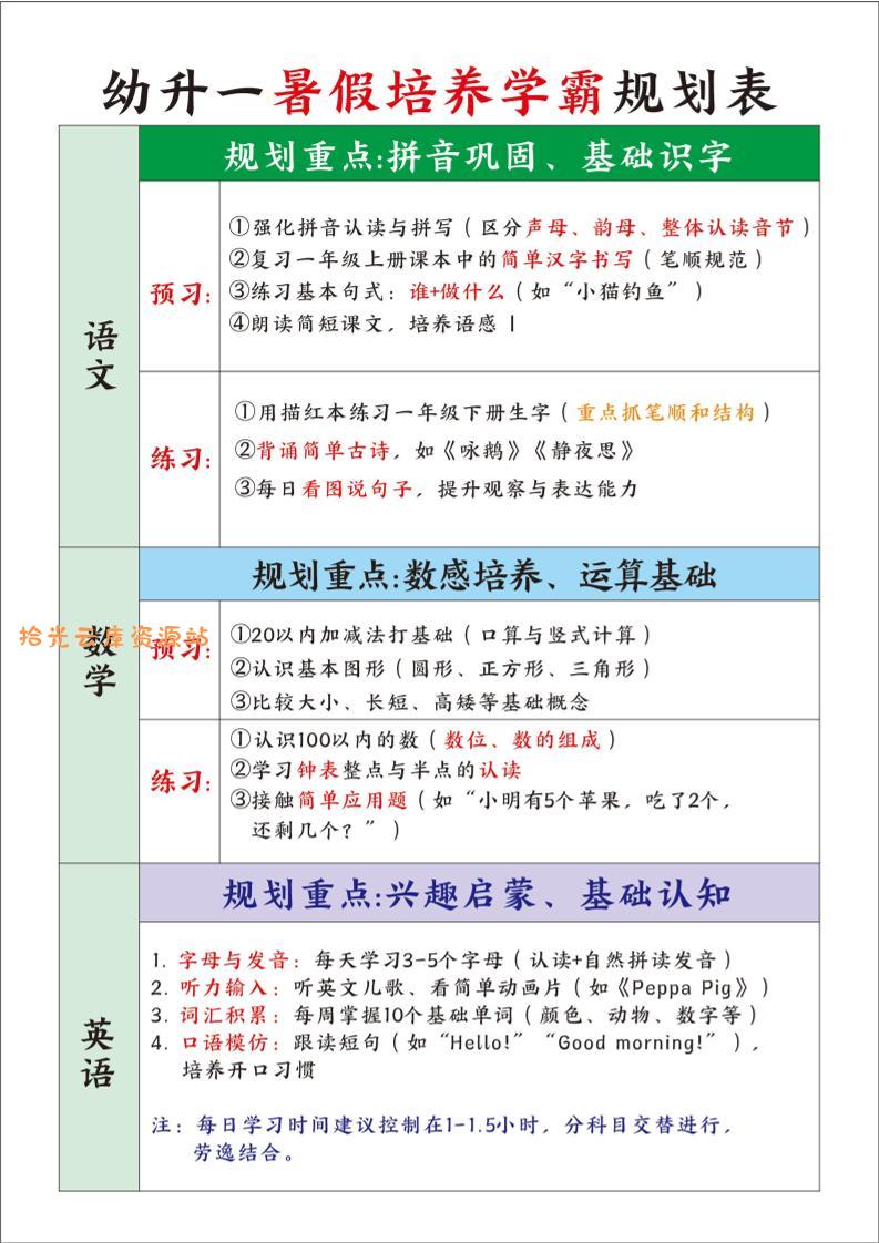 幼升一暑假培养学霸规划表-一上语文-口袋盘资源站-网盘资源